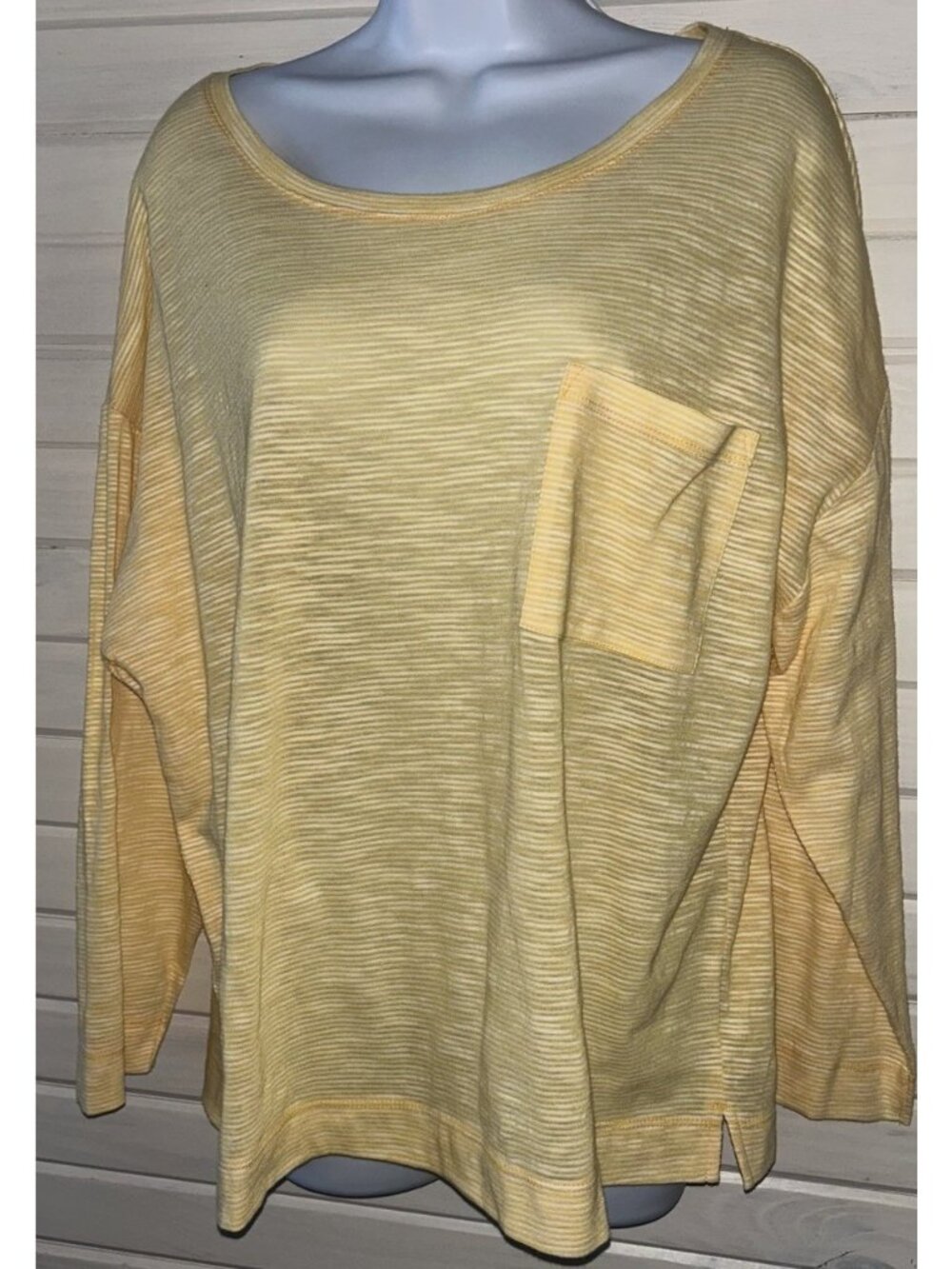 NWT Ann Taylor Loft Sz XL Yellow Stripe Cotton Blend L/S Pocket Tee Tshirt